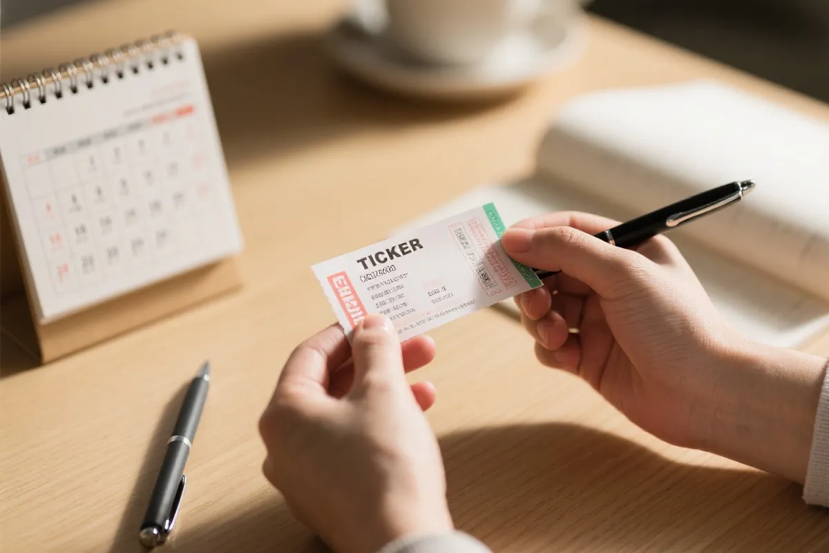手持彩票票根的特写，桌面放有日历与笔记本，柔和光线