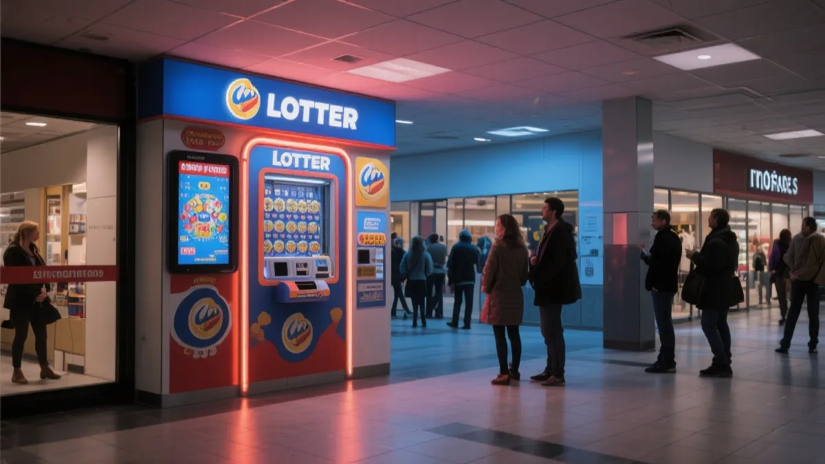 商业综合体内福利彩票站点外景与路人驻足的城市夜色示意图