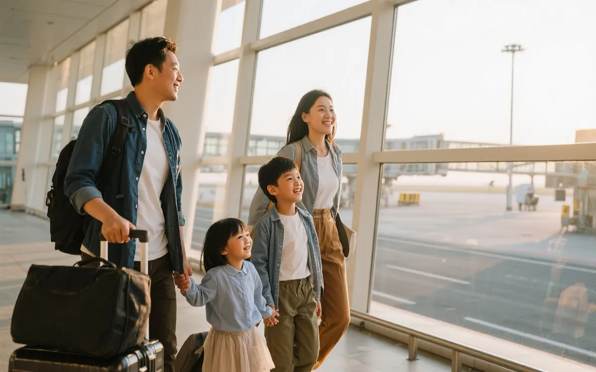 清晨机场出发的家庭，轻松微笑的真实瞬间